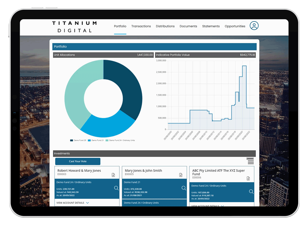 App Interface on Tablet showing investment portfolio management software from Titanium Digital.